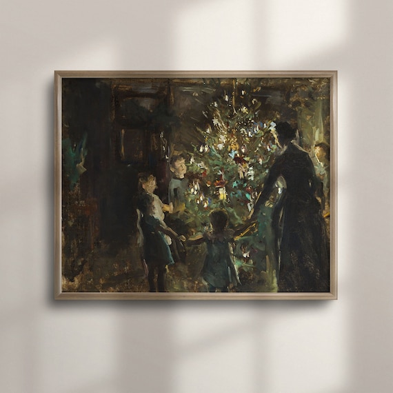 Family Around Christmas Tree Impressionist Holiday Oil Poster