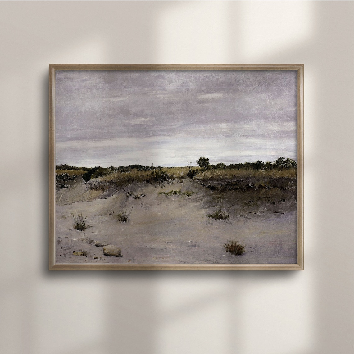 Muted Sand Dunes Scrub Grass Gray Sky Minimal Vintage Landscape Painting Poster