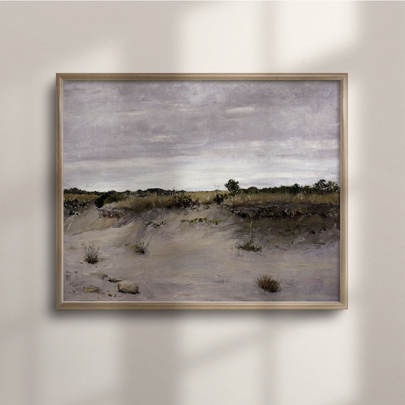 Muted Sand Dunes Scrub Grass Gray Sky Minimal Vintage Landscape Painting Poster