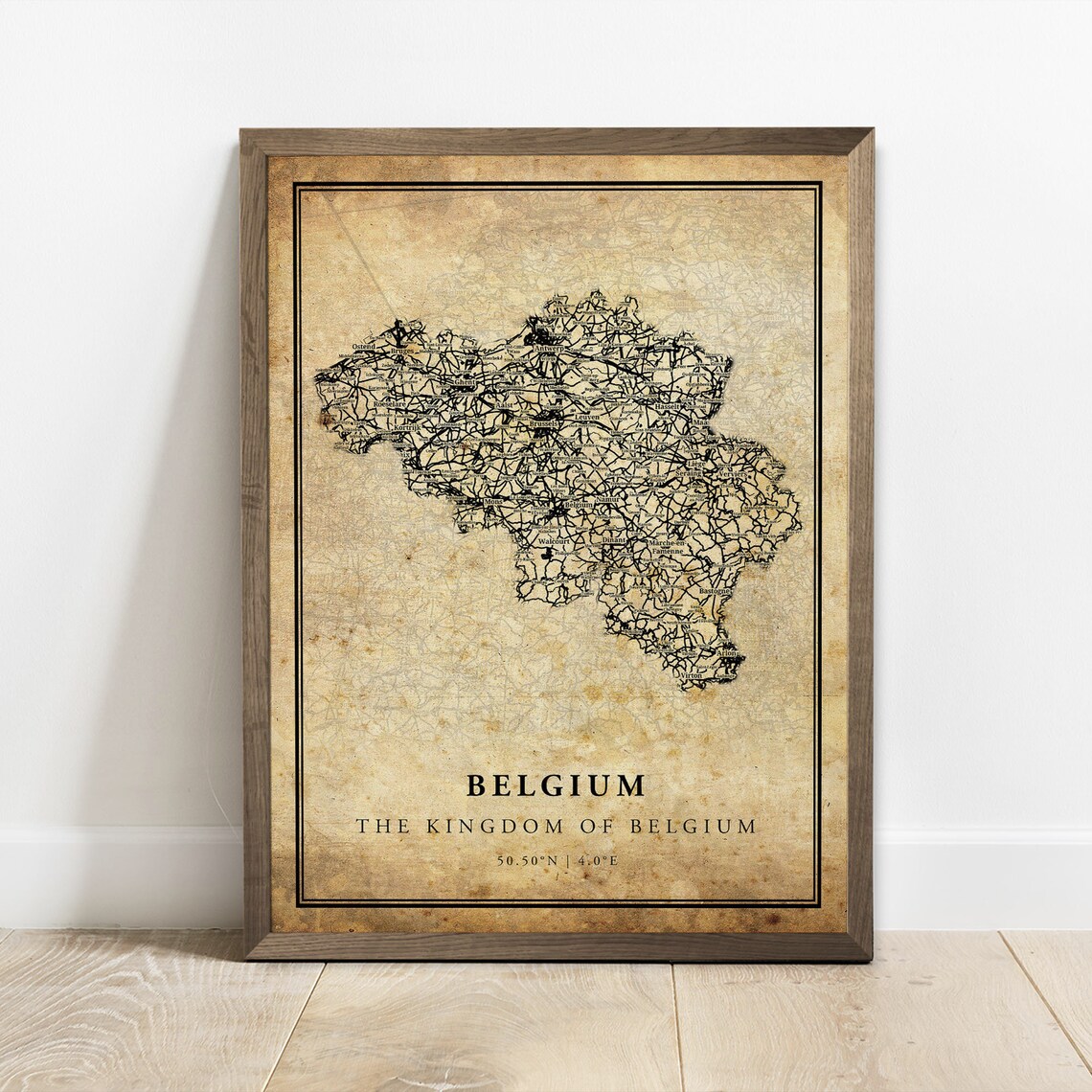 Belgium Kingdom Vintage Country Road Map Antique European Art Poster