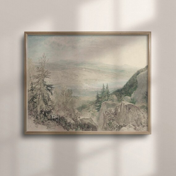 Vintage Soft Green Mountain Landscape Watercolor Rustic Wall Art Muted Green Poster Print Landscape Painting Artwork C16 215