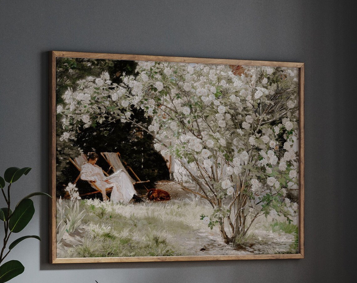 French Garden Blossom Scene Vintage Oil Painting Reproduction Wall Art