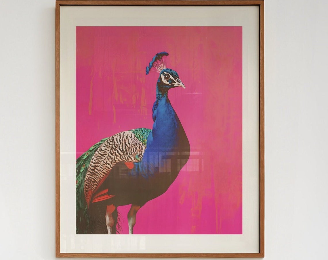 Vibrant Blue Peacock on a Hot Pink Bold Background Art Print - Image 3