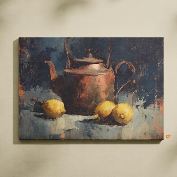 Rustic Vintage Teapot And Lemons Still Life Art Weathered Copper Painting Moody Kitchen Wall Decor Earthy Home 705