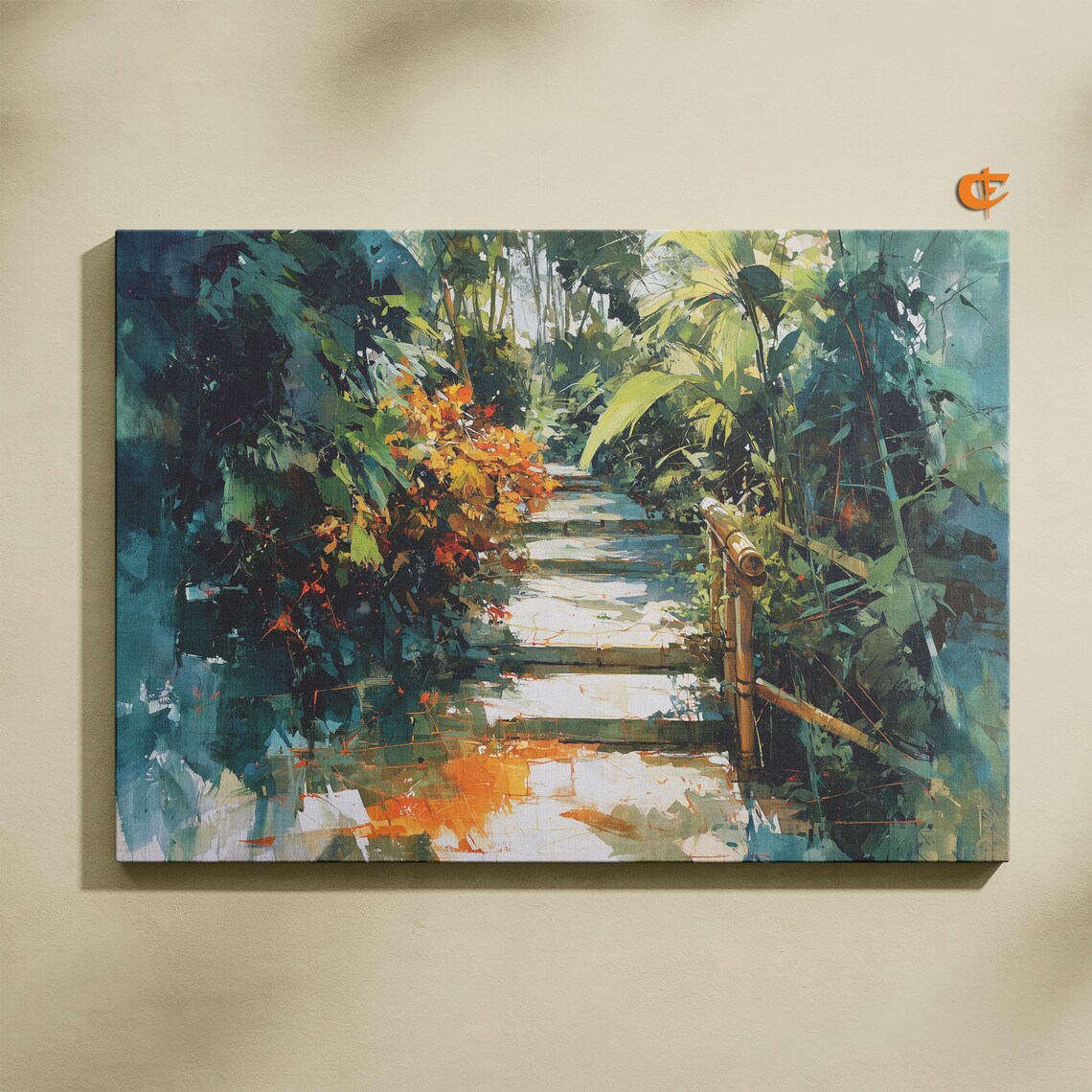 Lush Bamboo Walkway Stone Steps Tropical Jungle Path Watercolor Art Poster