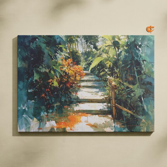 Lush Bamboo Walkway Stone Steps Tropical Jungle Path Watercolor Art Poster
