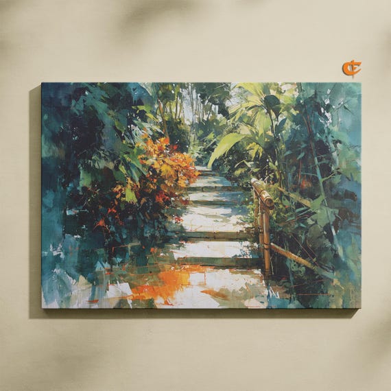 Tranquil Bamboo Walkway Painting Lush Watercolor Landscape Tropical Wall Art Nature Path Decor Jungle Greenery Print 937