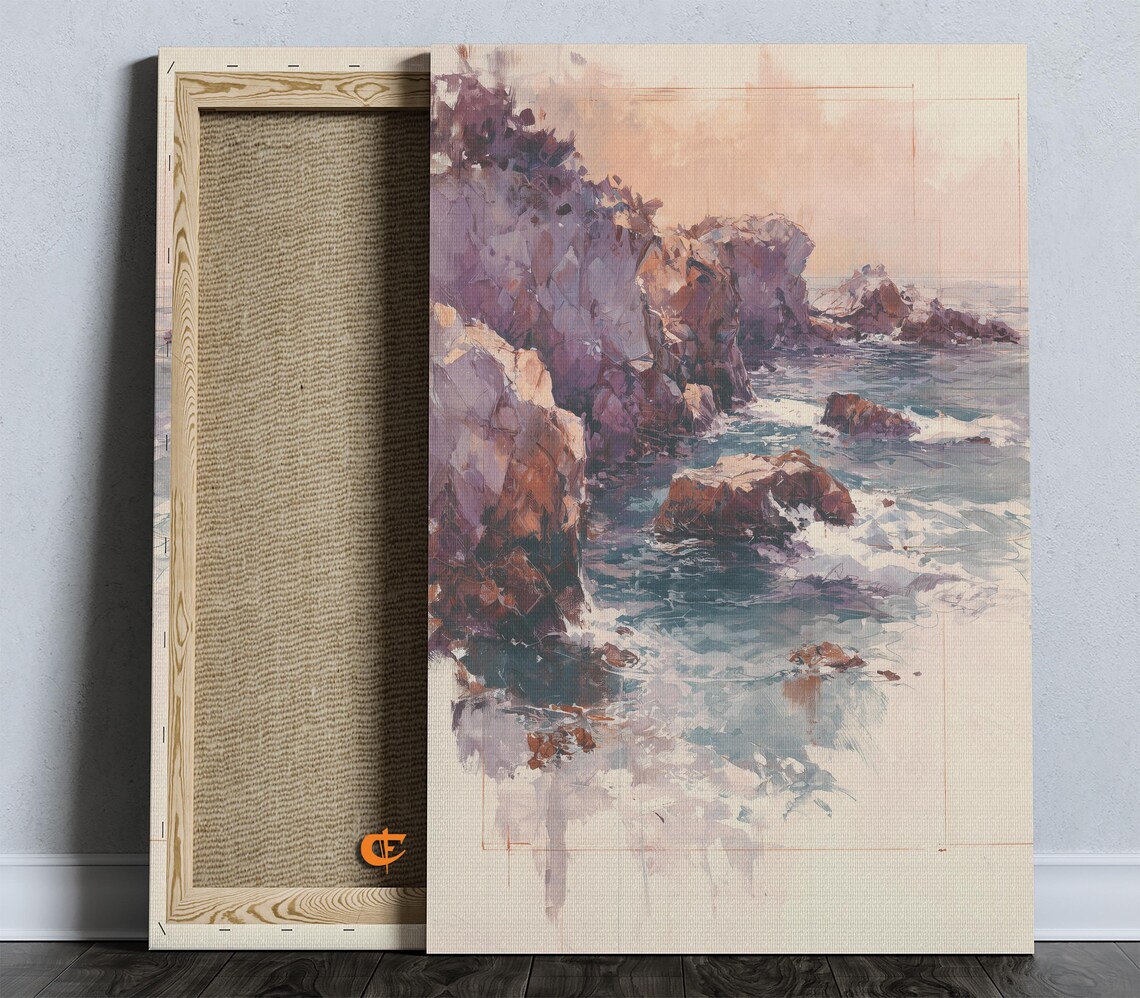 Watercolor Rocky Ocean Cliffs Crashing Waves Seascape Poster