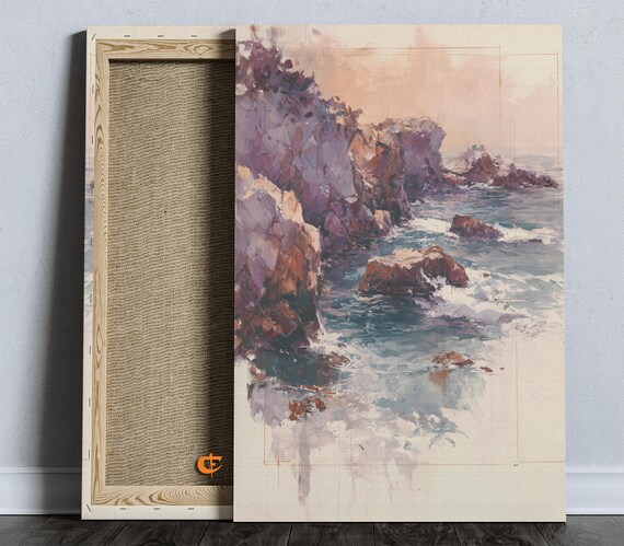 Watercolor Rocky Ocean Cliffs Crashing Waves Seascape Poster