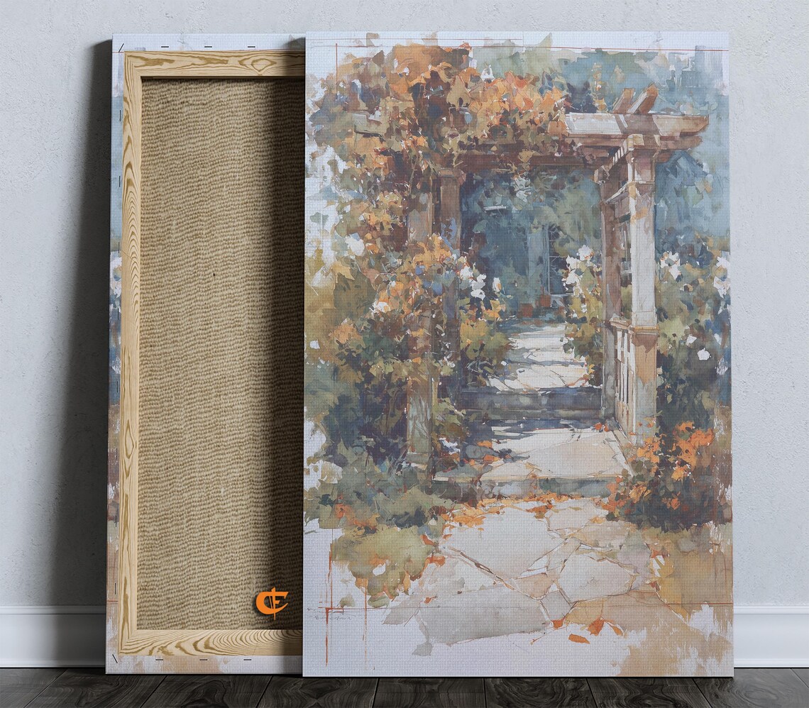 Rustic Garden Archway with Climbing Roses Watercolor Path Art Print