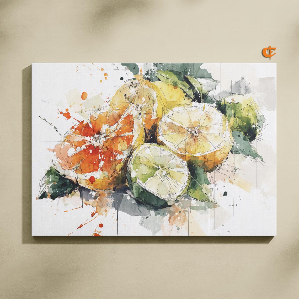 Sliced Citrus Lemons Limes Watercolor Splash Kitchen Art Print