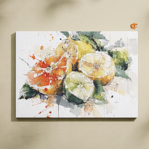 Sliced Citrus Lemons Limes Watercolor Splash Kitchen Art Print
