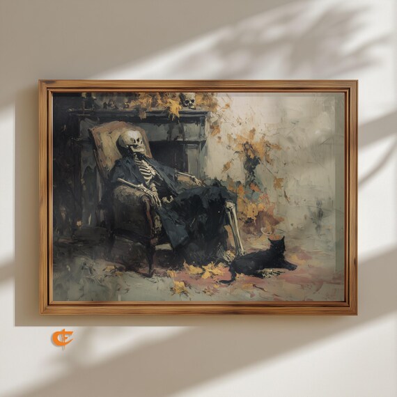 Moody Skeleton In Velvet Armchair Painting Rustic Gothic Wall Art Vintage Decor Halloween Print Dark 1914