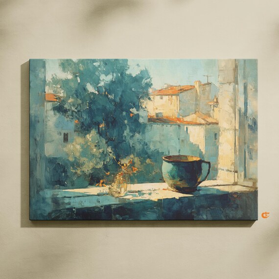 Rustic Cottage Window View Impressionist Oil Painting Teal Rooftops Poster