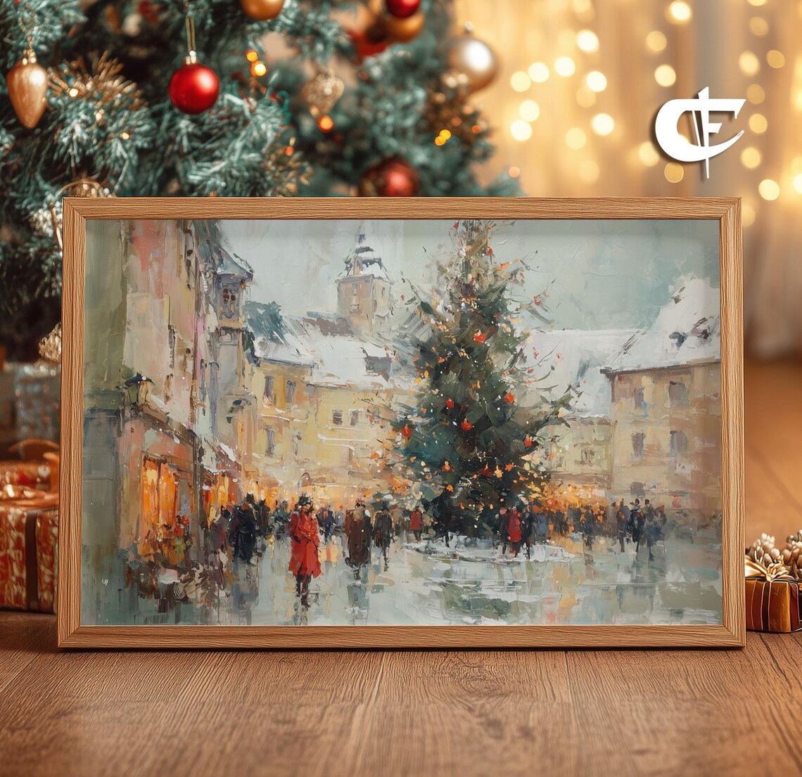 Snowy Christmas Village Grand Tree Shoppers Warm Lights Poster