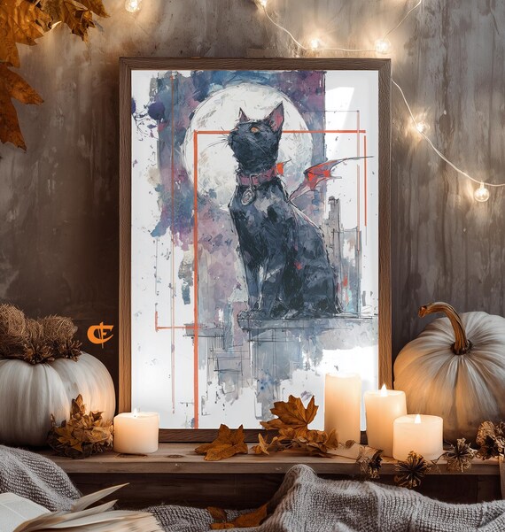 Halloween Black Cat With Bat Wings Spooky Fall Decor Dark Autumn Wall Art Moody Vintage Print 1833