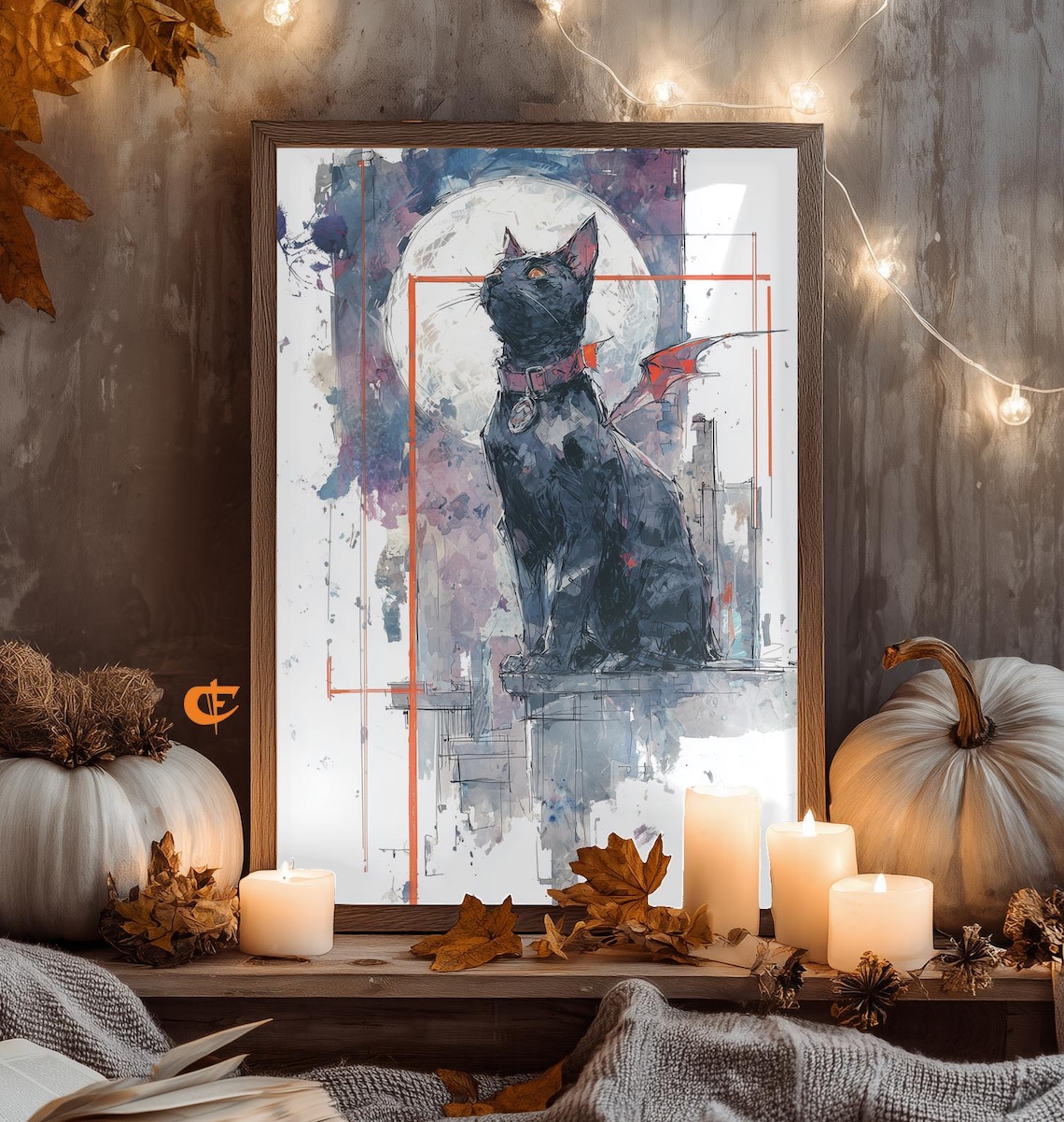Black Cat With Bat Wings Halloween Full Moon Spooky Art Poster