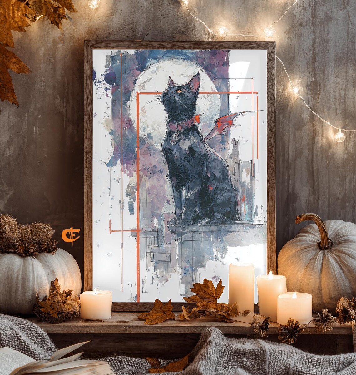 Halloween Black Cat With Bat Wings Spooky Fall Decor Dark Autumn Wall Art Moody Vintage Print 1833