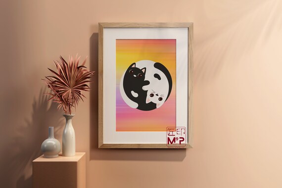 Yin Yang Cats Sunset Gradient Cute Cat Pair Zen Balance Art Poster