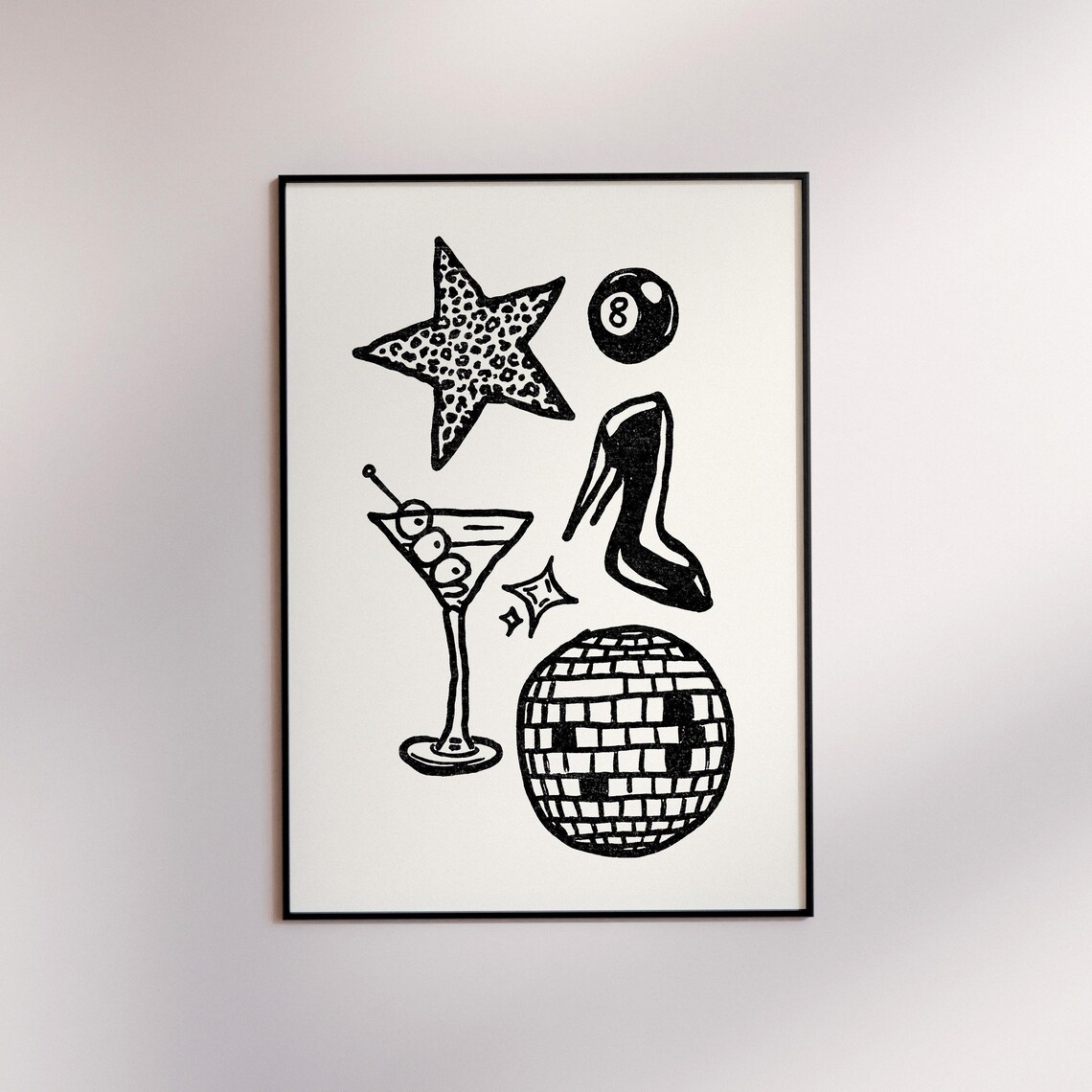 Retro Disco Party Doodles Martini Disco Ball 8 Ball High Heel Black White Poster