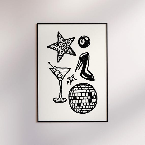 Funky Disco Print Retro Bar Cart Gallery Wall Art