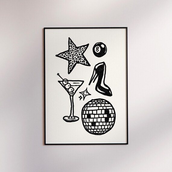 Retro Disco Party Doodles Martini Disco Ball 8 Ball High Heel Black White Poster