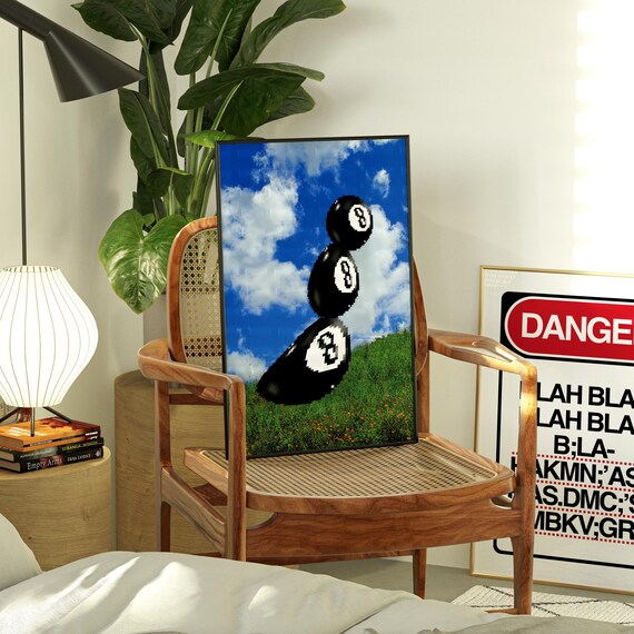 Floating 8 Balls Pixel Art Over Meadow and Clouds Retro Surreal Sky Poster