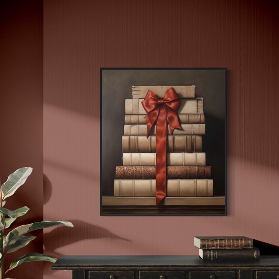 Vintage Books Art Print Cozy Library Decor Stack Of Antique Books With Red Bow Rustic Book Lover Wall Art Classic Literary Gift Print