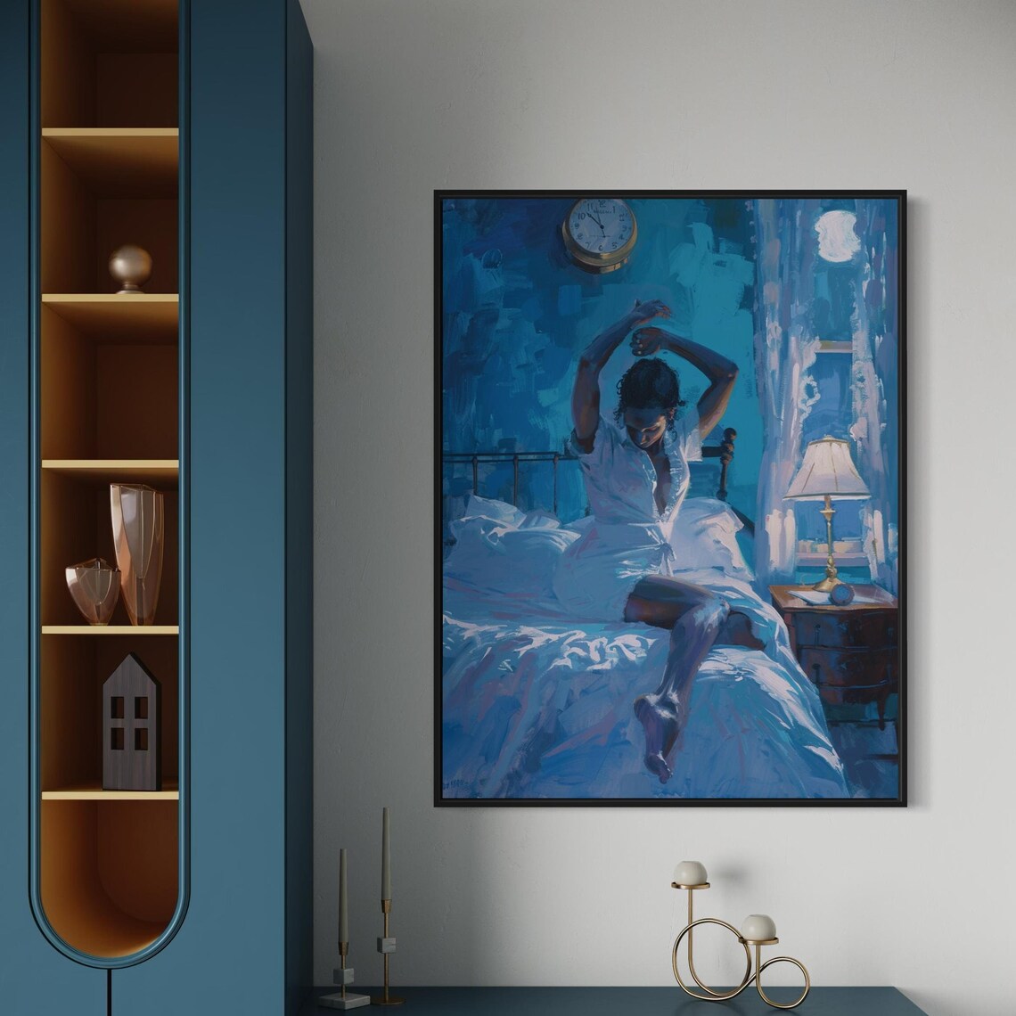 Blue Night Woman Stretching Bed Dreamy Moonlit Bedroom Art Poster