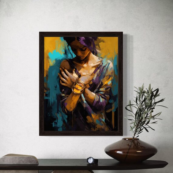 Woman In Purple And Gold With Bangles Expressive Oil Art Poster
