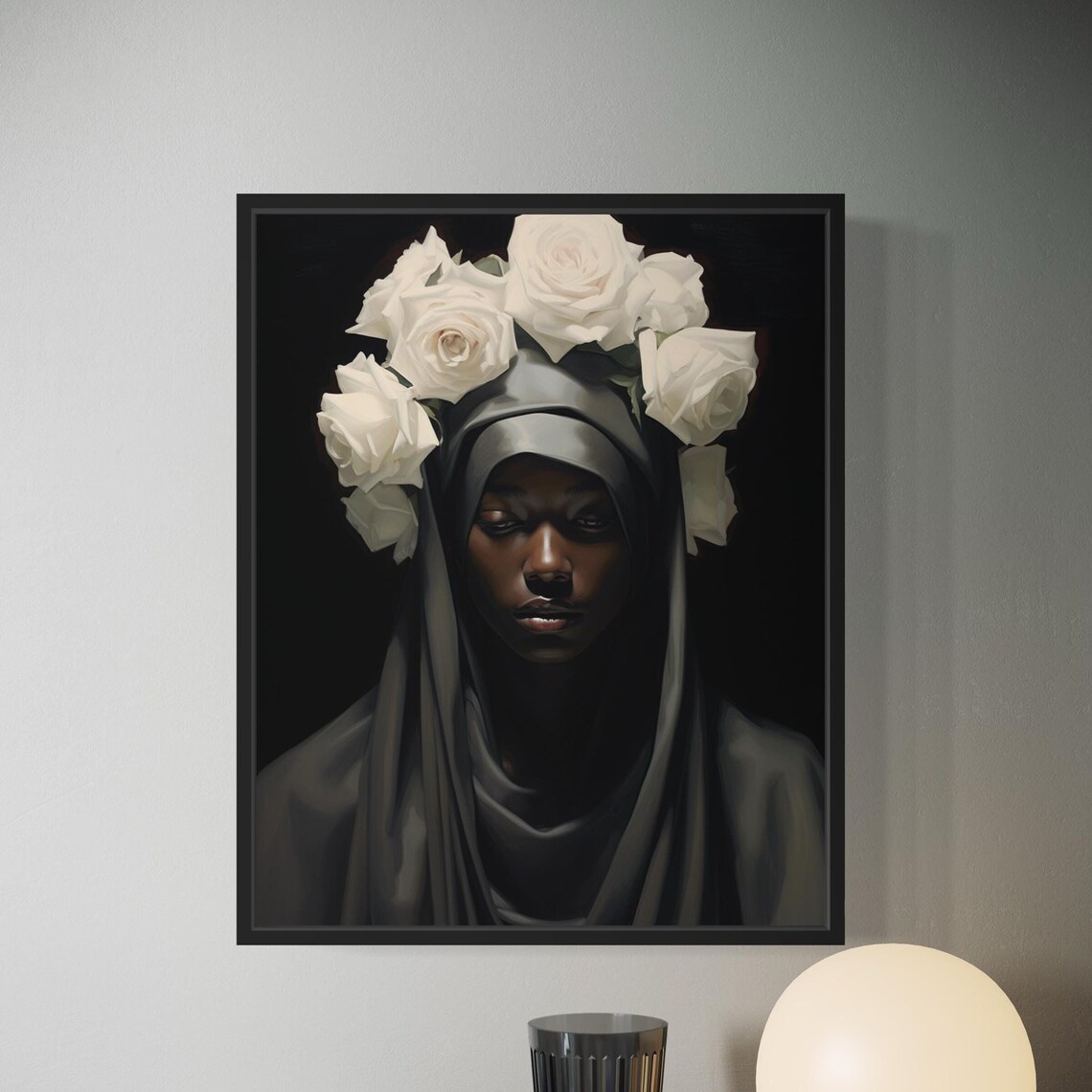 Black Woman White Rose Crown Portrait Dark Elegant Beauty Poster