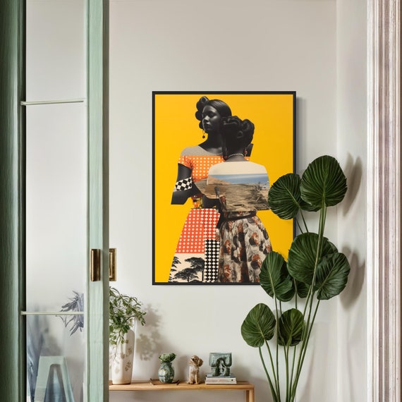 Modern African Wall Art Bold Yellow Collage Artwork African Women Print Abstract Female Art Vibrant Ethnic Art For Home Decor