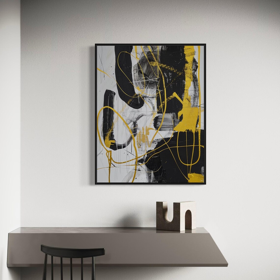 Bold Abstract Gestural Painting Black White Yellow Modern Art Poster
