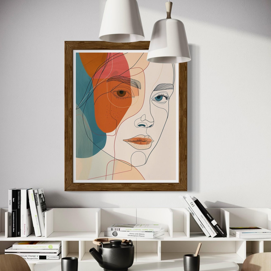 Line Art Woman Face Orange Teal Color Blocks Modern Portrait Poster
