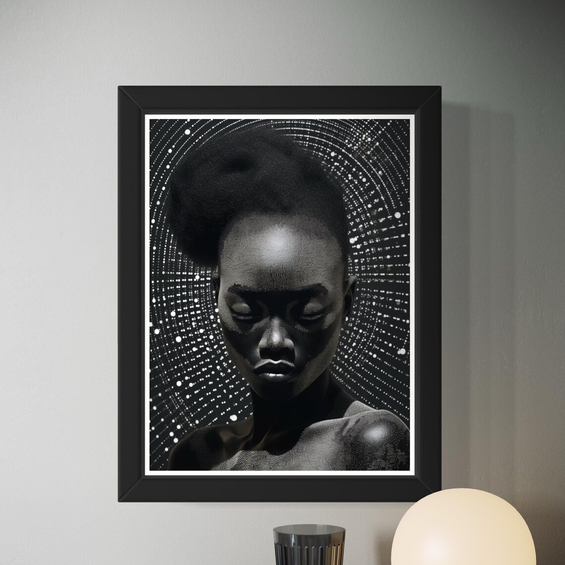 Black and White Woman Portrait Dotted Starburst Dramatic Wall Art
