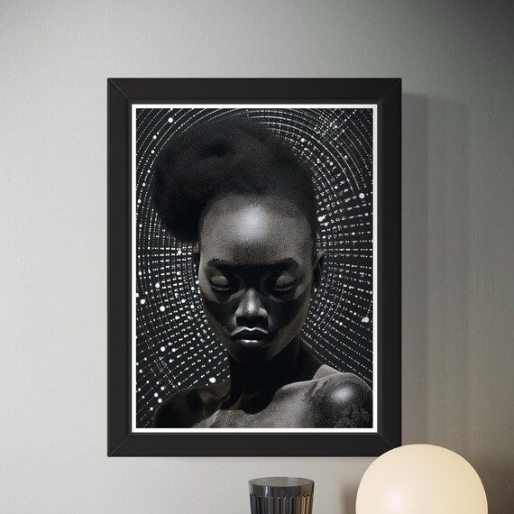 Black and White Woman Portrait Dotted Starburst Dramatic Wall Art