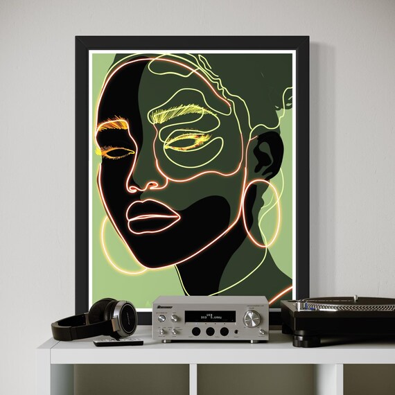 Neon Line Art Woman Portrait Glowing Modern Abstract Wall Art
