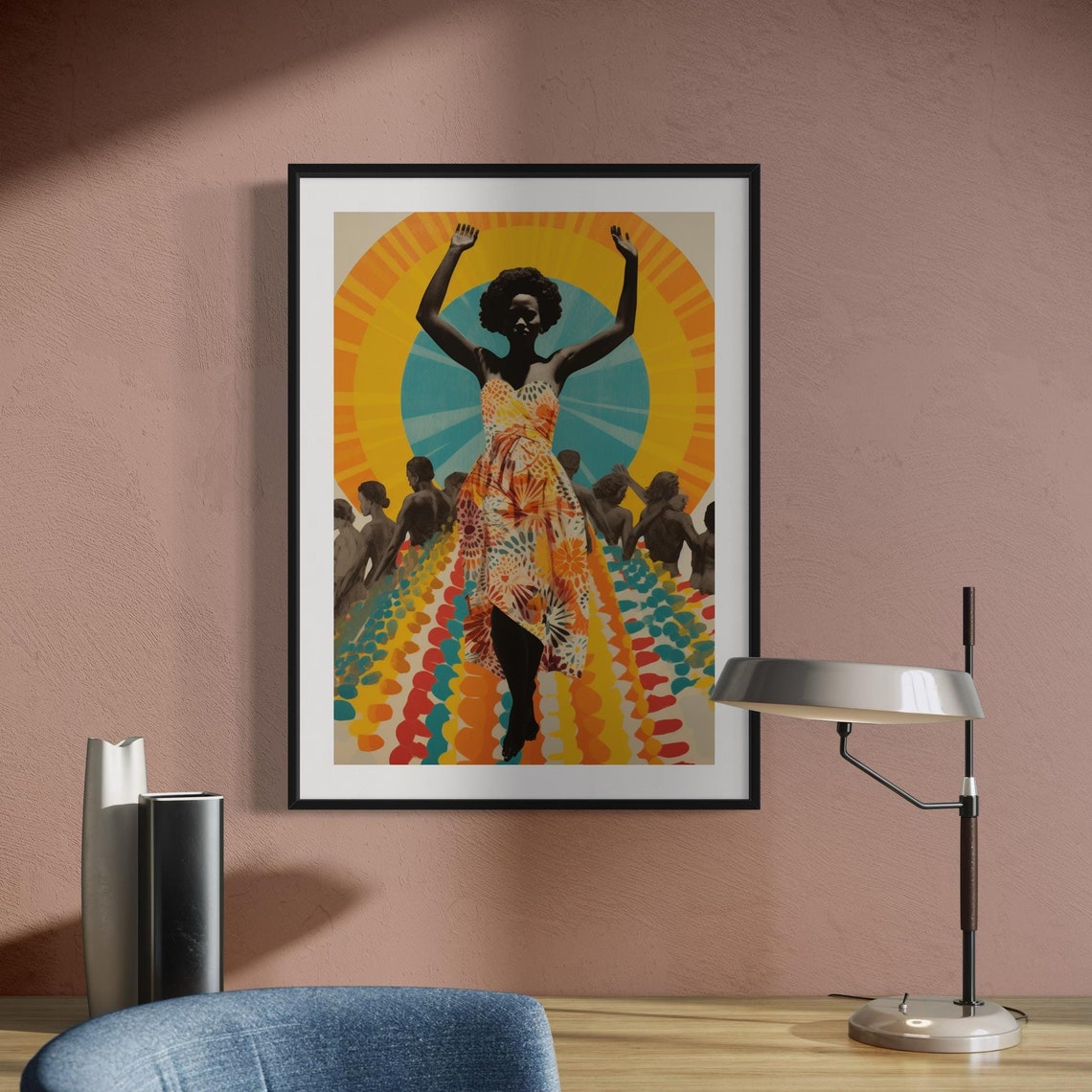 Joyful Black Woman Dancing Sunburst Colorful Dress Afrocentric Poster