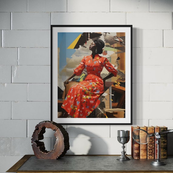 Elegant Afrocentric Wall Art Modern Woman In Red Dress Bold Abstract Artwork Unique African Inspired Home Decor