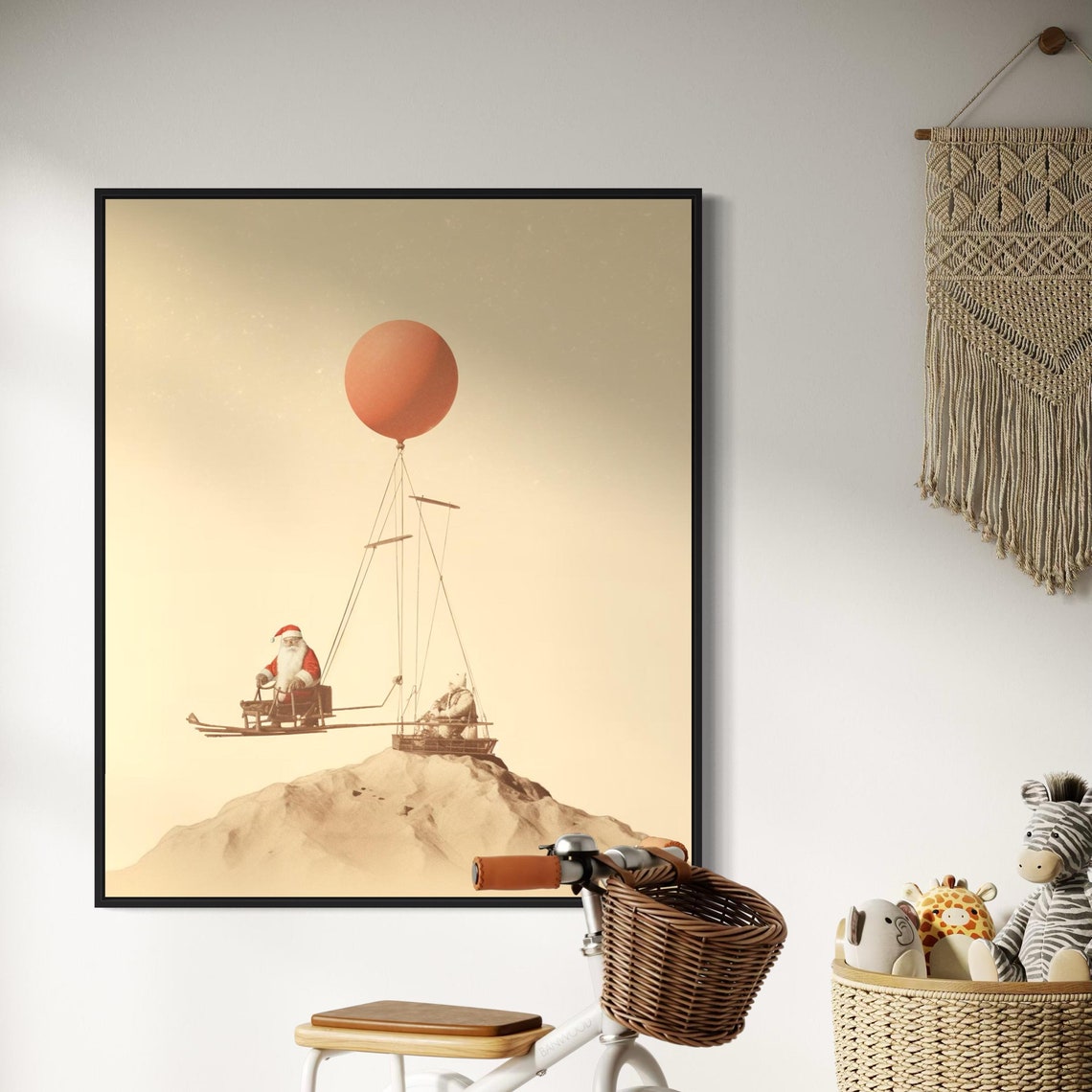 Santa Claus Hot Air Balloon Sleigh Whimsical Vintage Christmas Poster