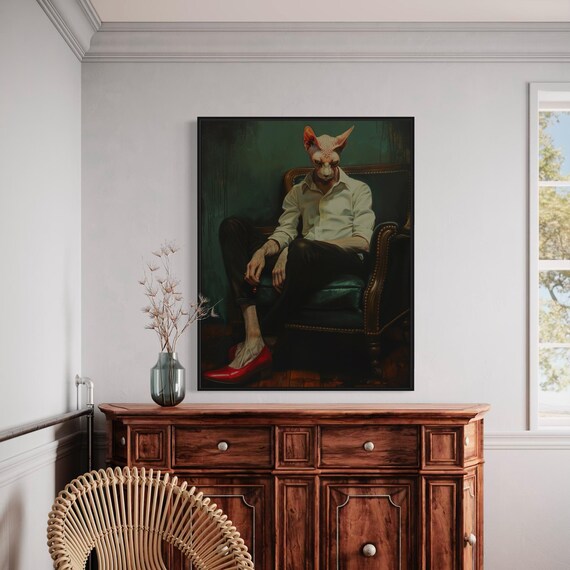 Surreal Anthropomorphic Sphynx Cat Portrait Red Heels Chair Wall Art