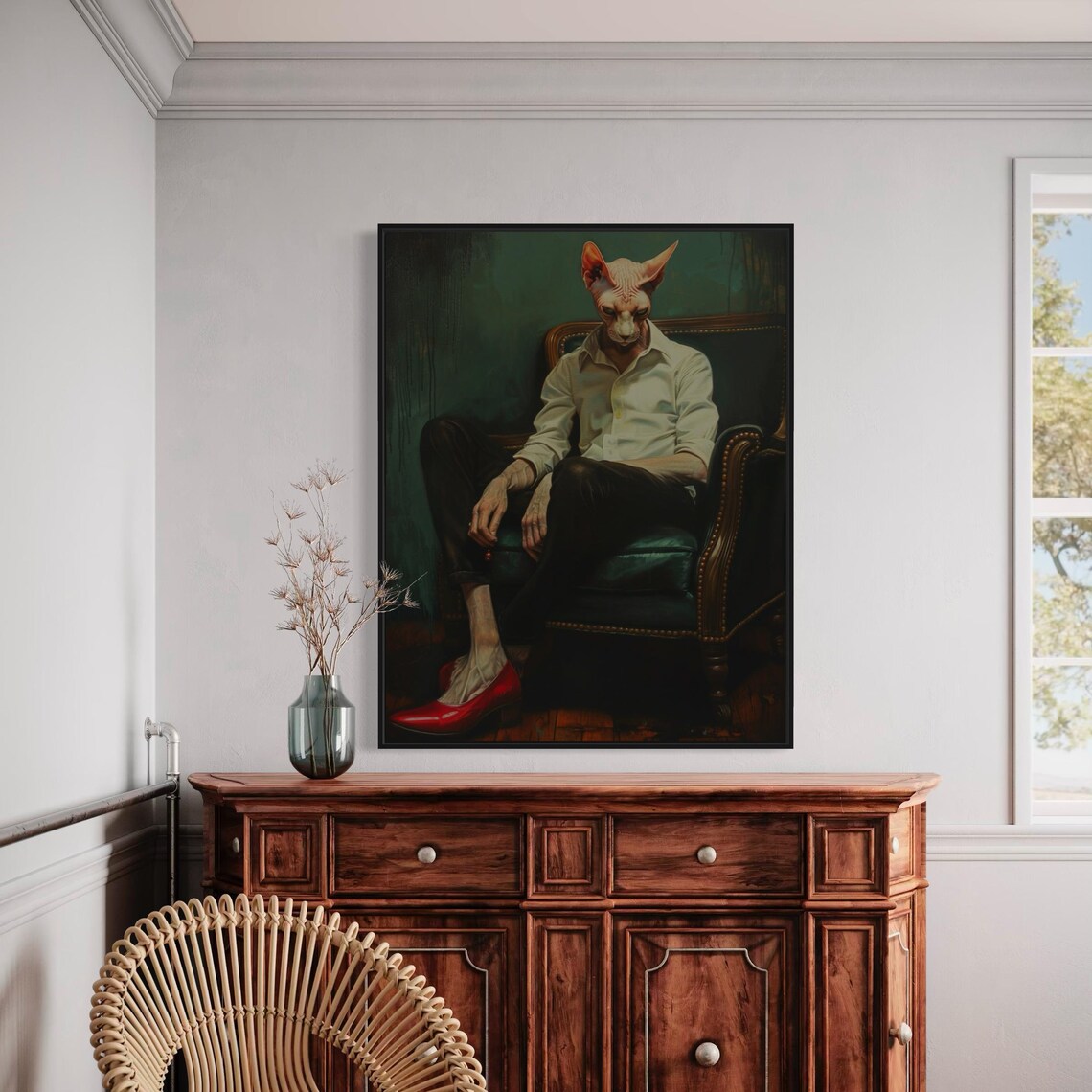 Surreal Anthropomorphic Sphynx Cat Portrait Red Heels Chair Wall Art