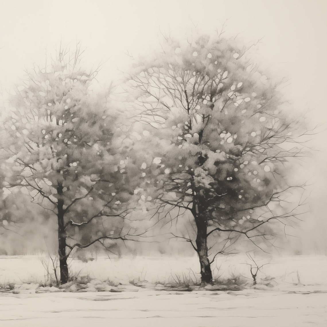 Monochrome Winter Trees Snowy Forest Minimal Vintage Painting Wall Art - Image 6