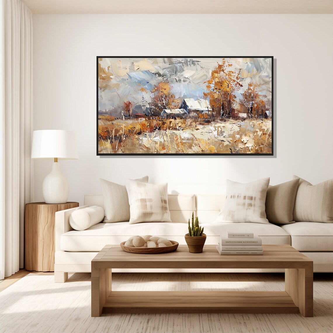 Snowy Rustic Barn Autumn Farm Landscape Vintage Oil Painting Wall Art - Image 5