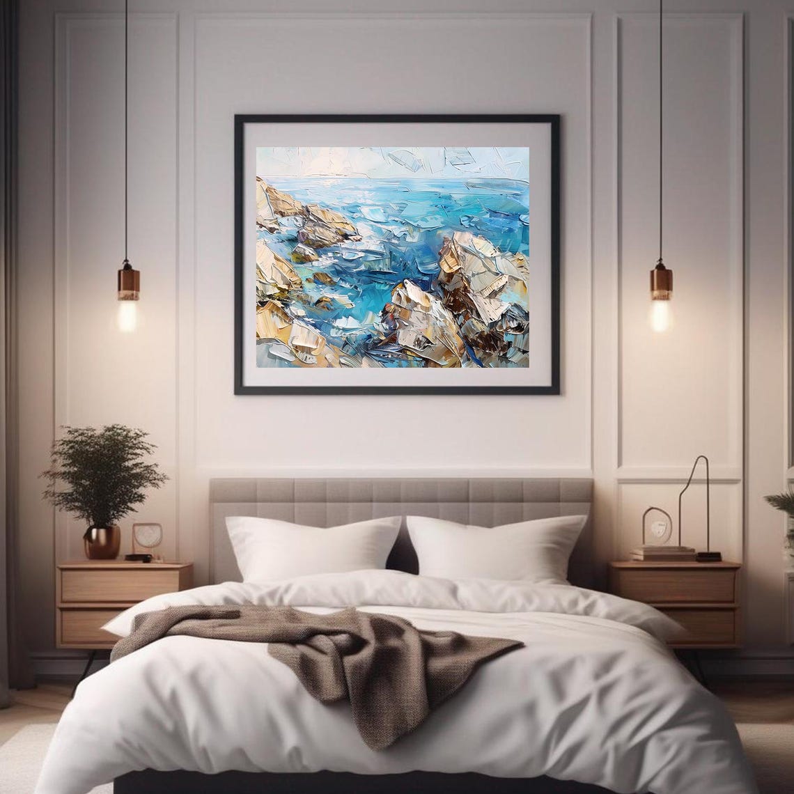Rocky Ocean Shoreline Turquoise Waves Coastal Cliff Painting Poster - Image 2