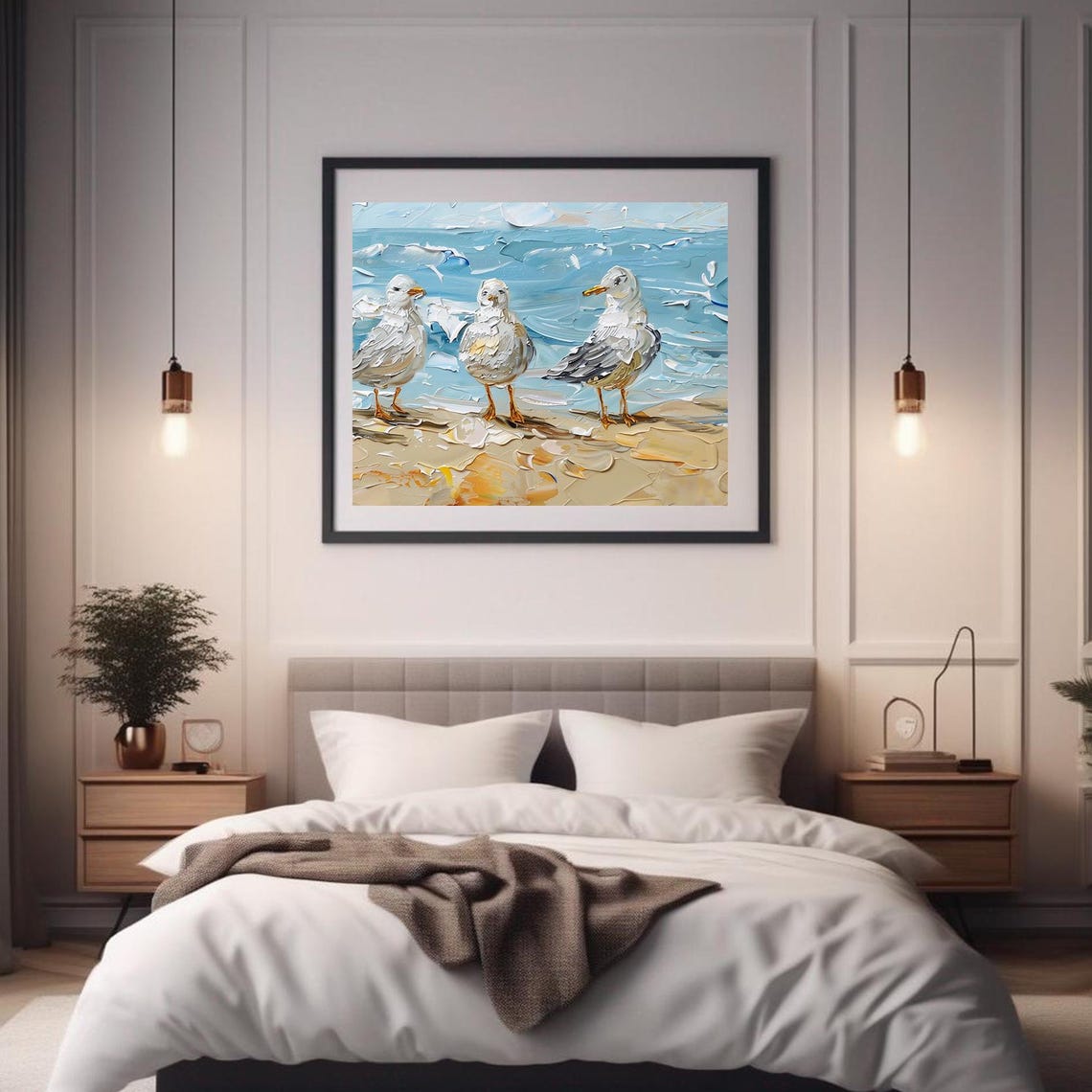 Four Seagulls on Beach Shore Cute Seabird Oil Painting Poster - Image 2
