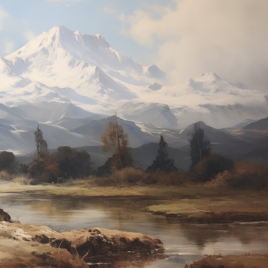 Snow Capped Mountain Lake Vintage Alpine Landscape Oil Painting Poster - Image 6