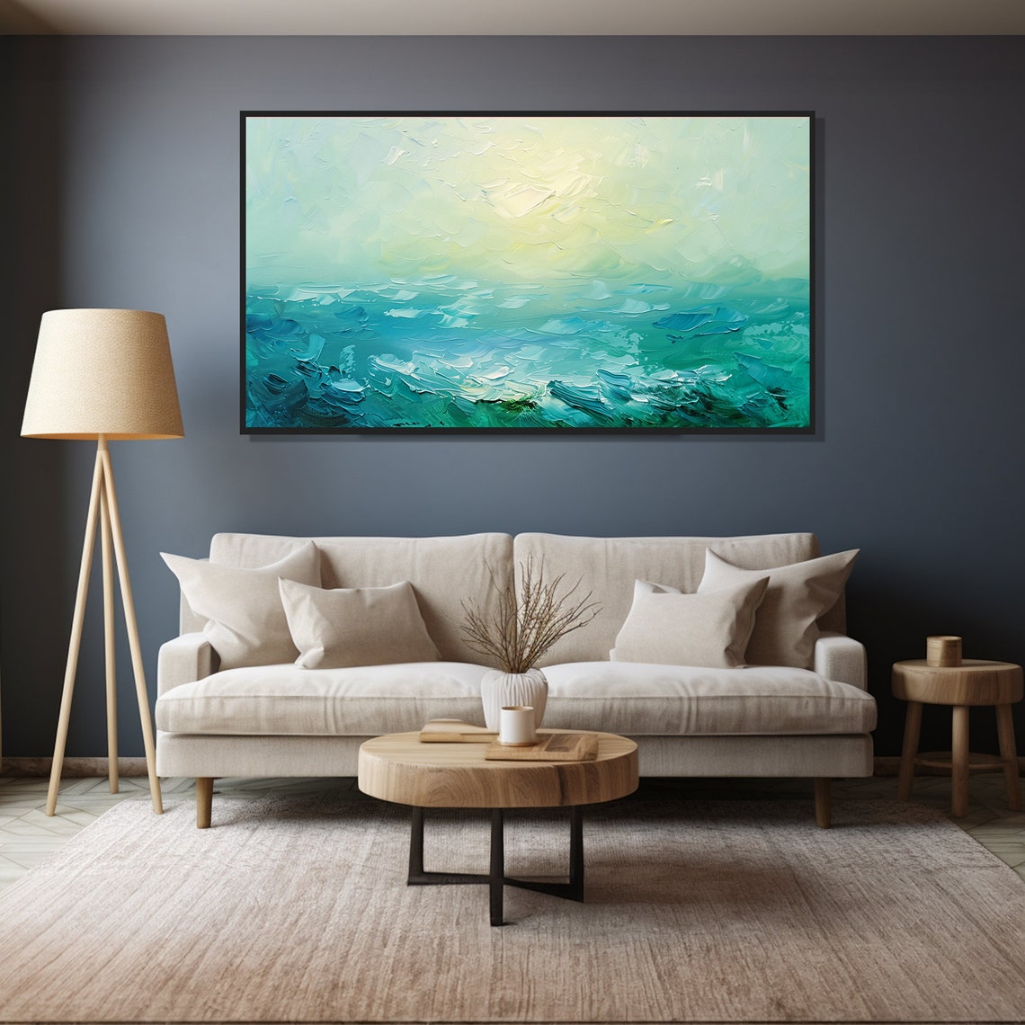 Green Sea Abstract Painting Teal Waves Misty Horizon Calm Art Poster - Image 4