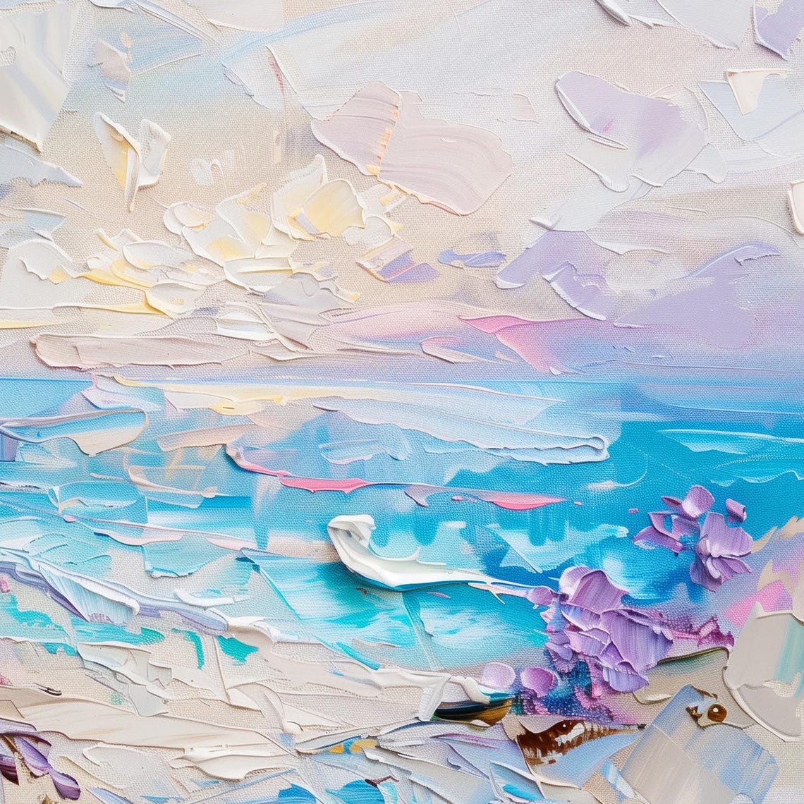 Pastel Beach Scene Ocean Waves Flowers Dreamy Coastal Art Poster - Image 6
