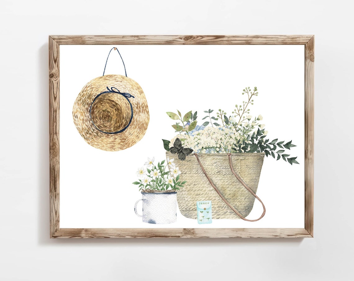 Straw Hat Market Tote Wildflowers Watercolor Garden Decor Poster